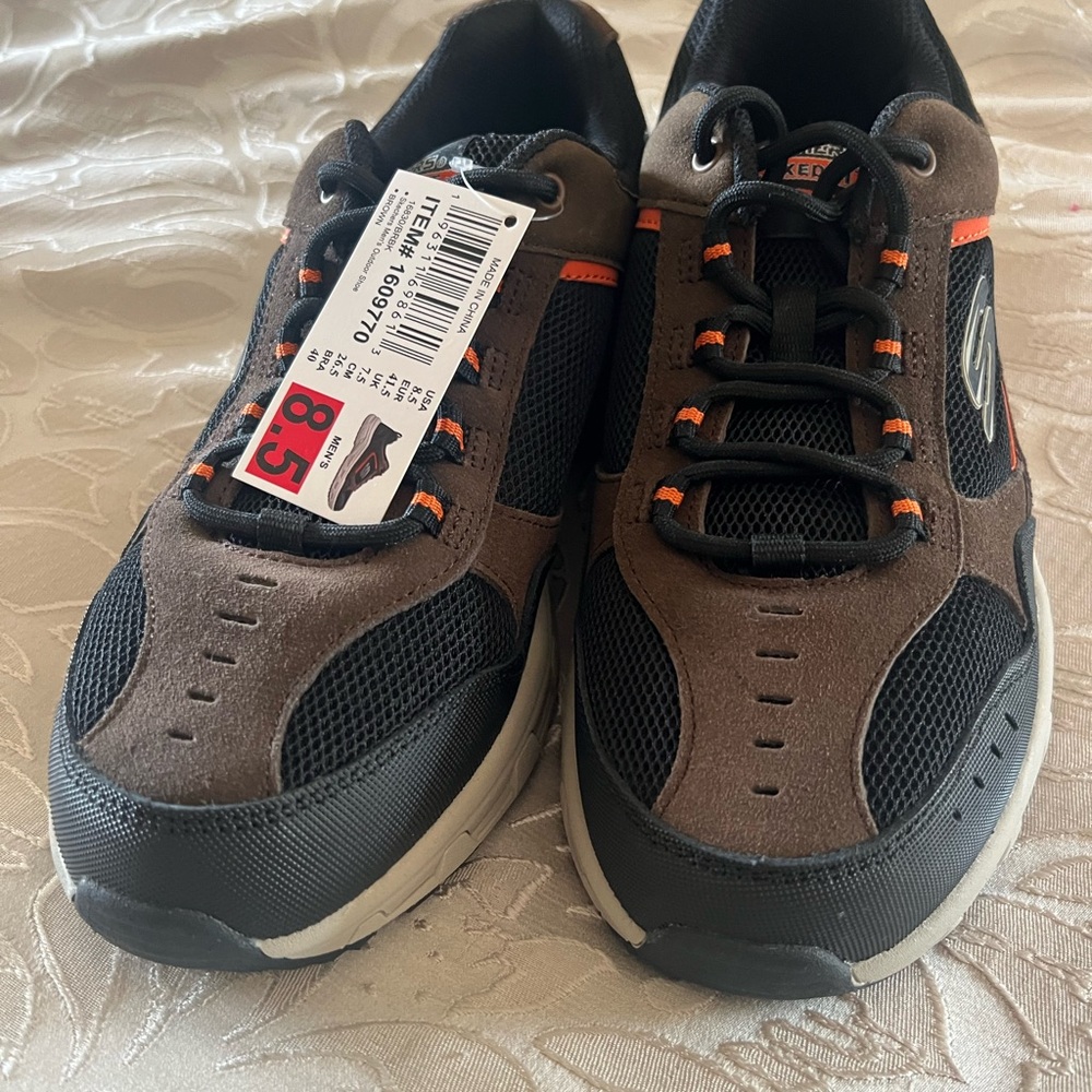 Skechers Men's Black and Brown Athletic Shoes with Orange Accents